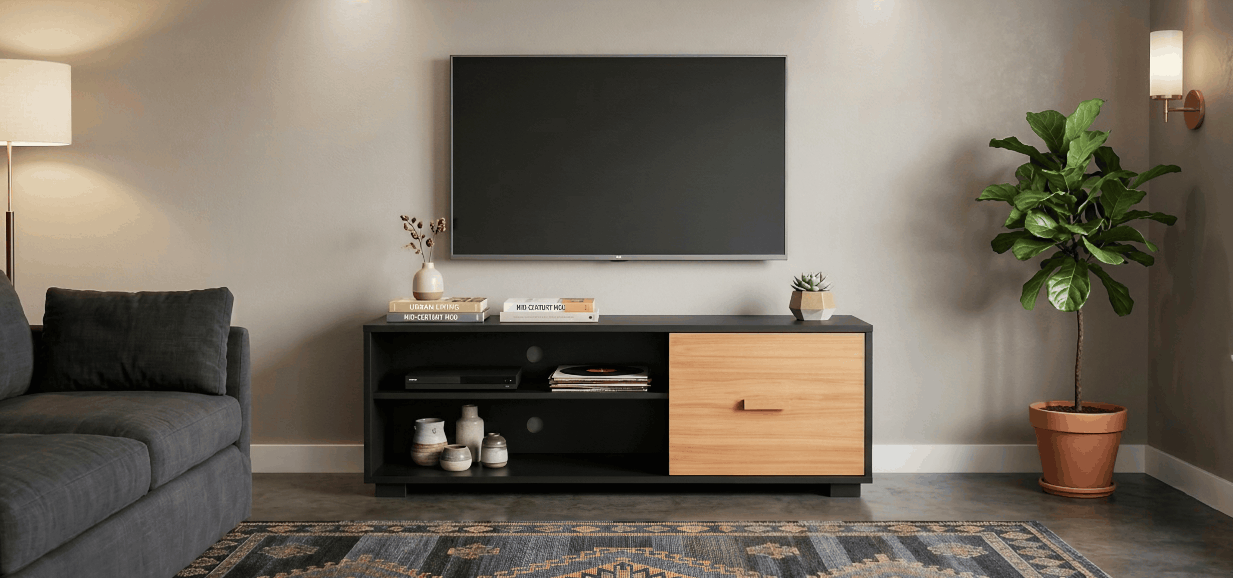 Two-Tone Black & Wood TV Unit with Open Shelves