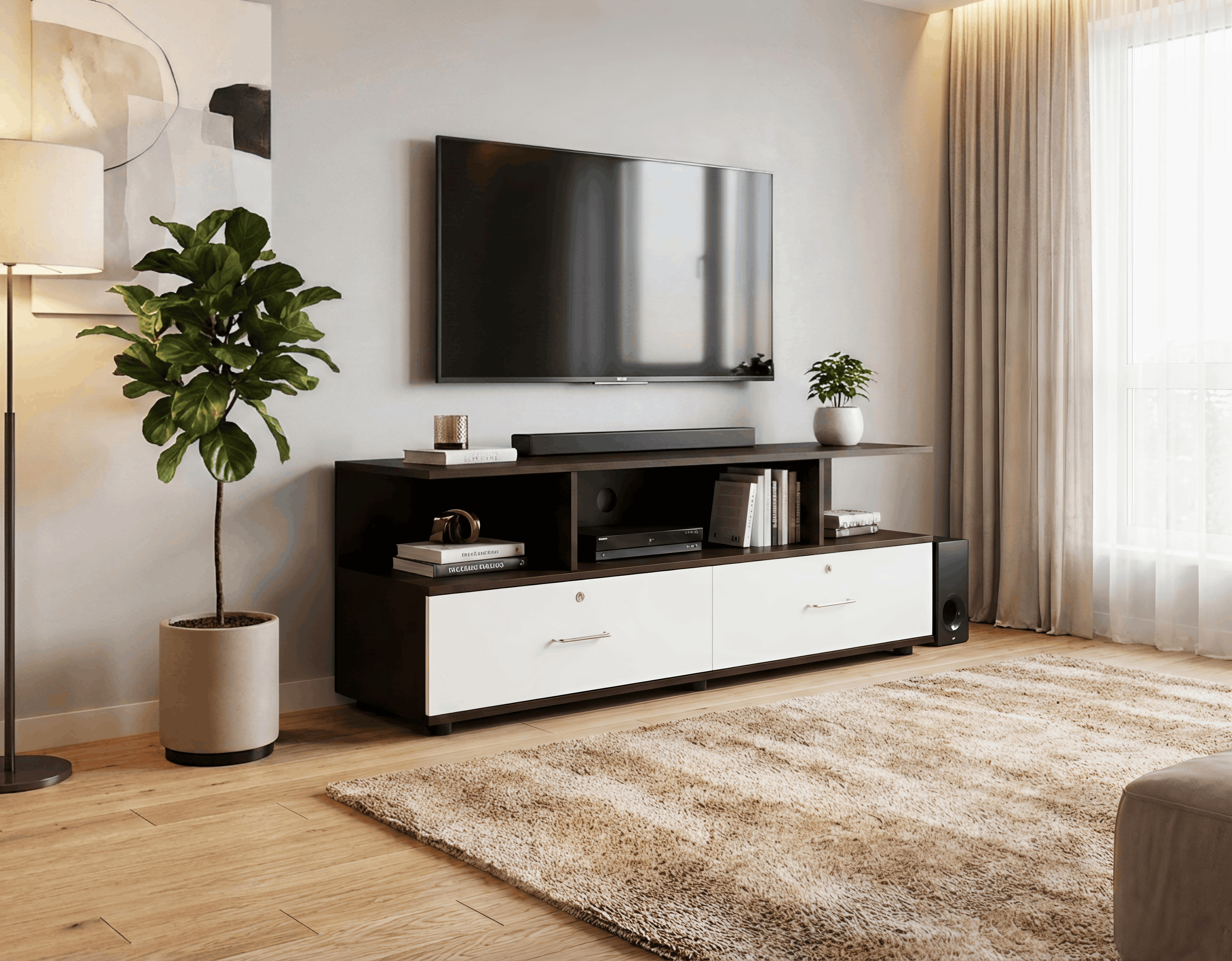 Dark Wood & White TV Unit with Raised Top Shelf & Lockable Drawers