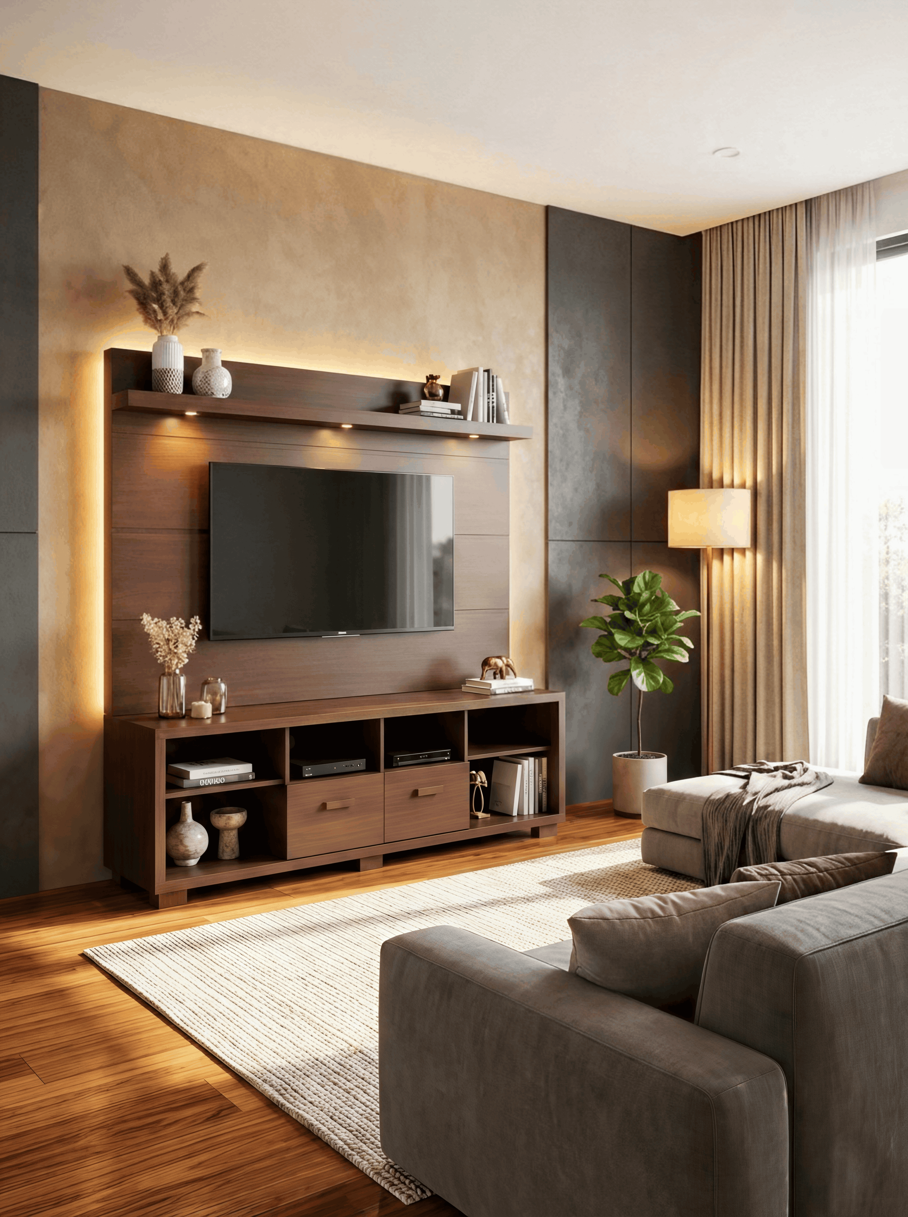 Walnut TV Unit with Backlit Panel & Open Storage Console