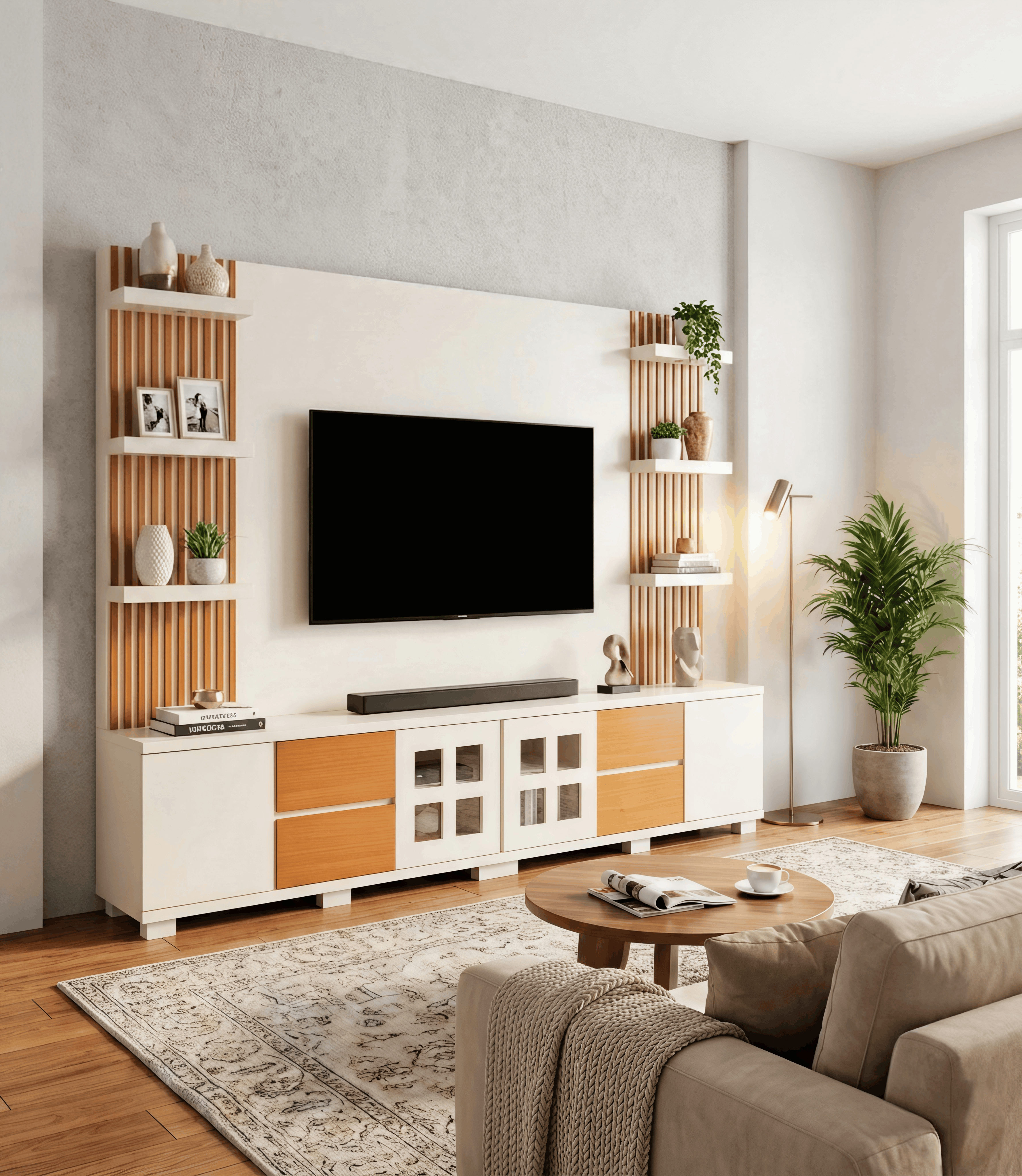 White & Wood TV Unit with Fluted Display Panel & Glass Cabinets