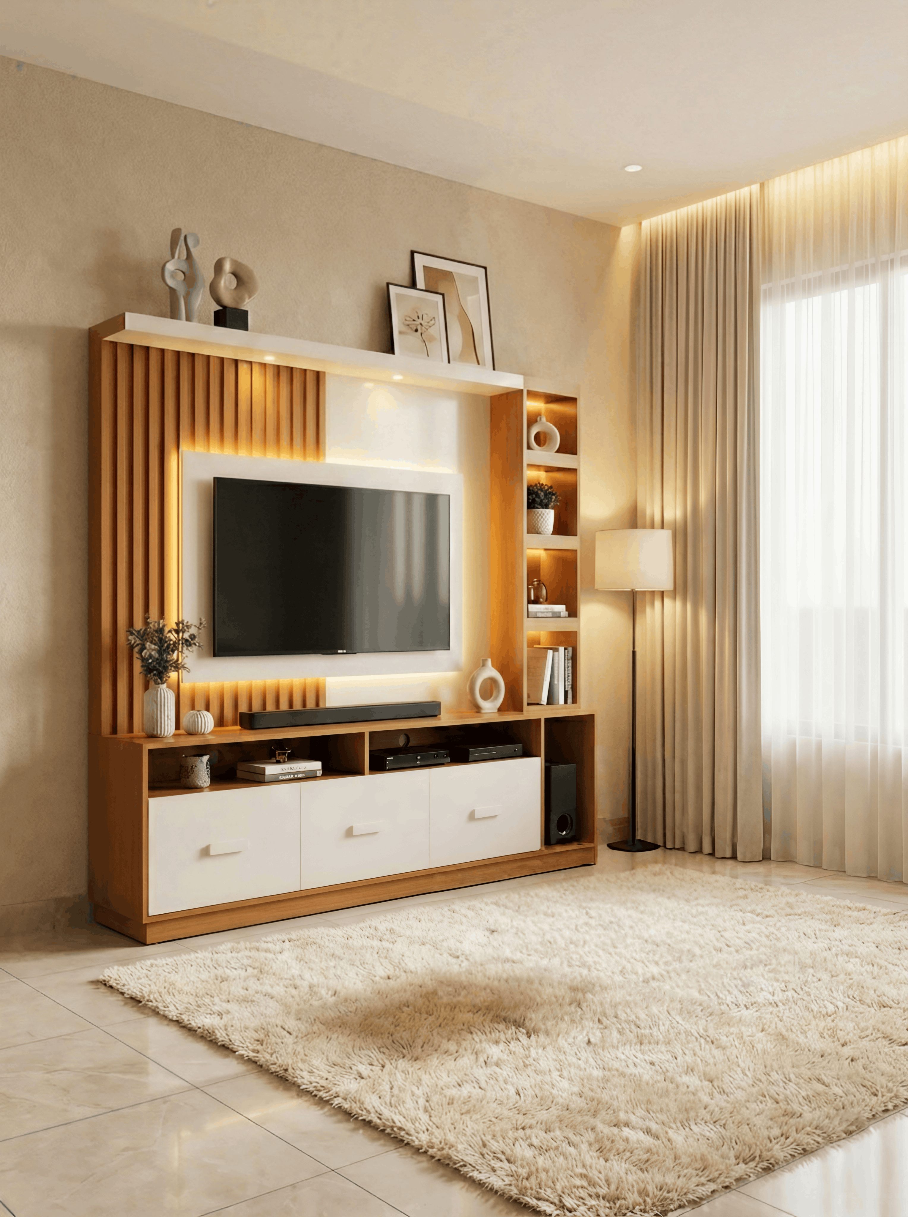Fluted Wood & White TV Unit with Backlit Panel & Side Shelving