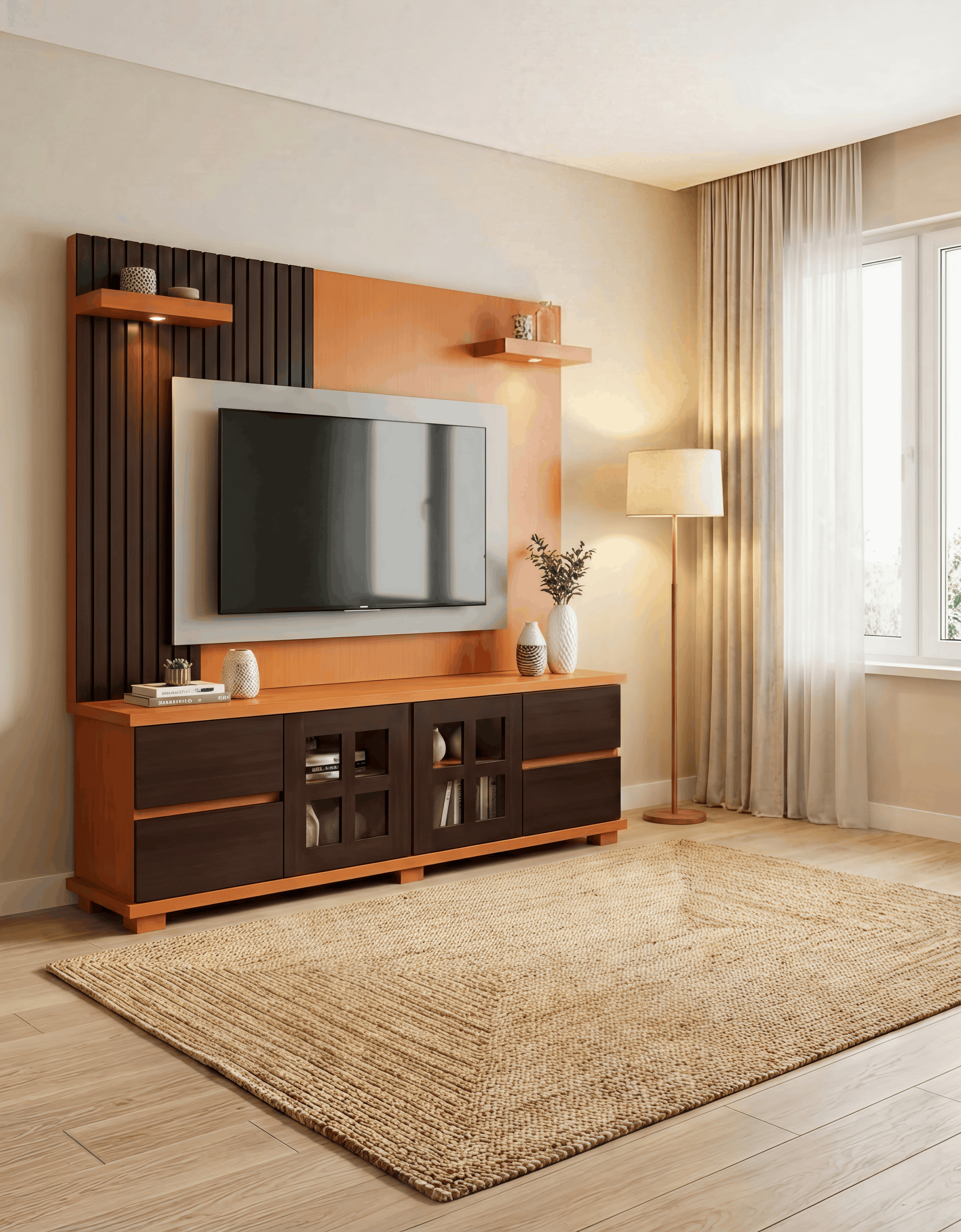 Dark Wood & Rust Two-Tone TV Unit with Fluted Panel