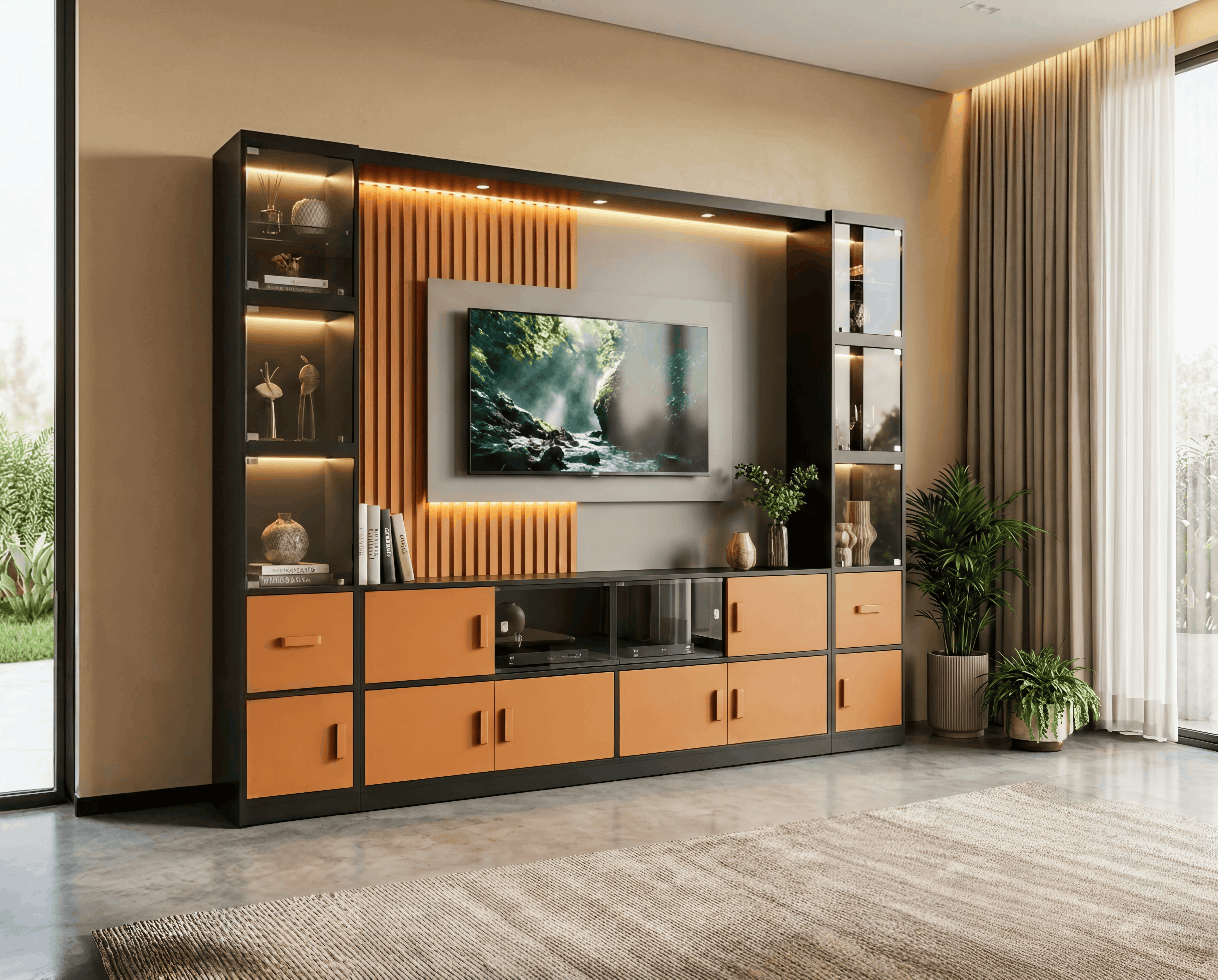 Black & Orange Entertainment Wall Unit with Glass Display Towers