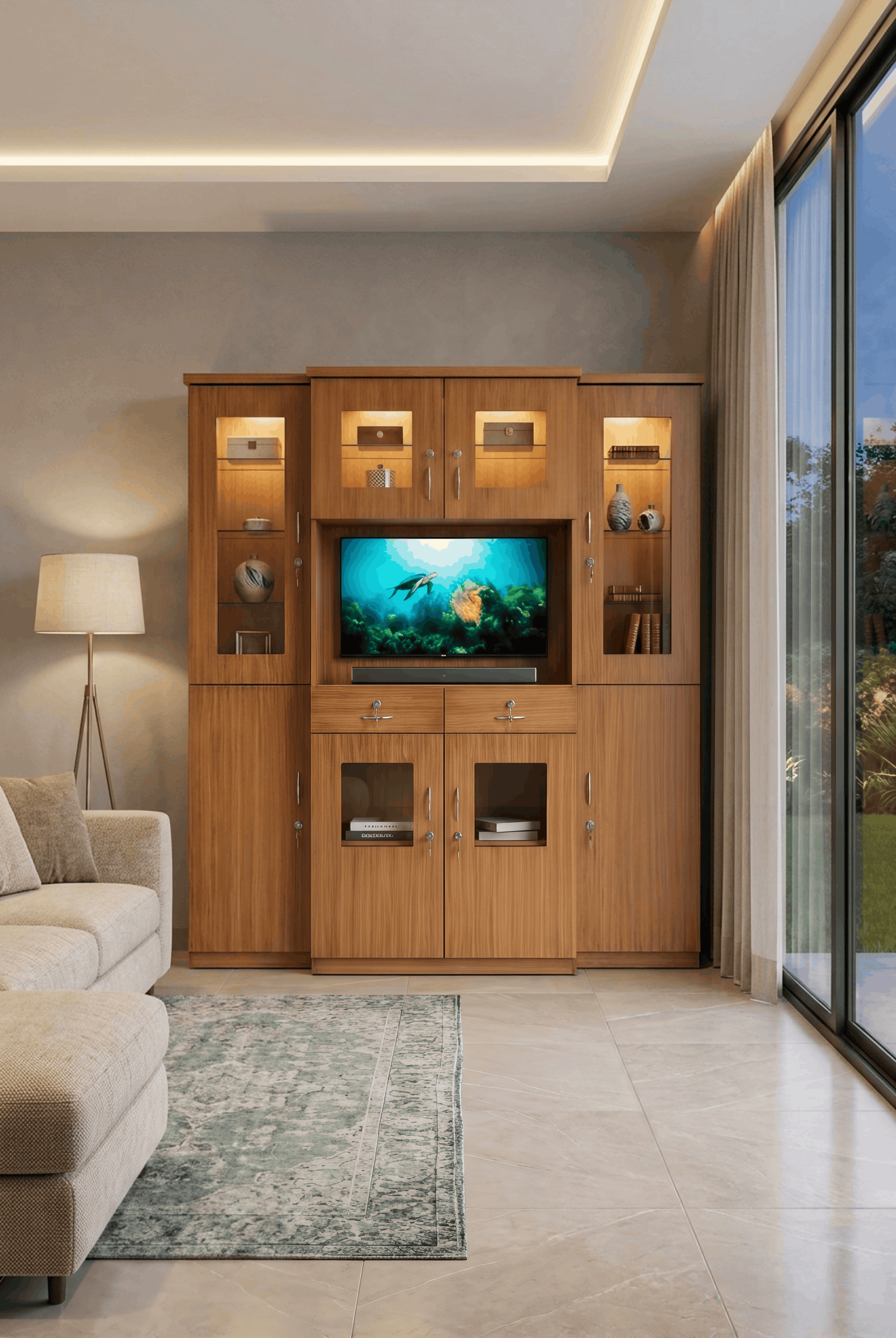 Floor-to-Ceiling Wooden TV Unit with Glass Display Cabinets