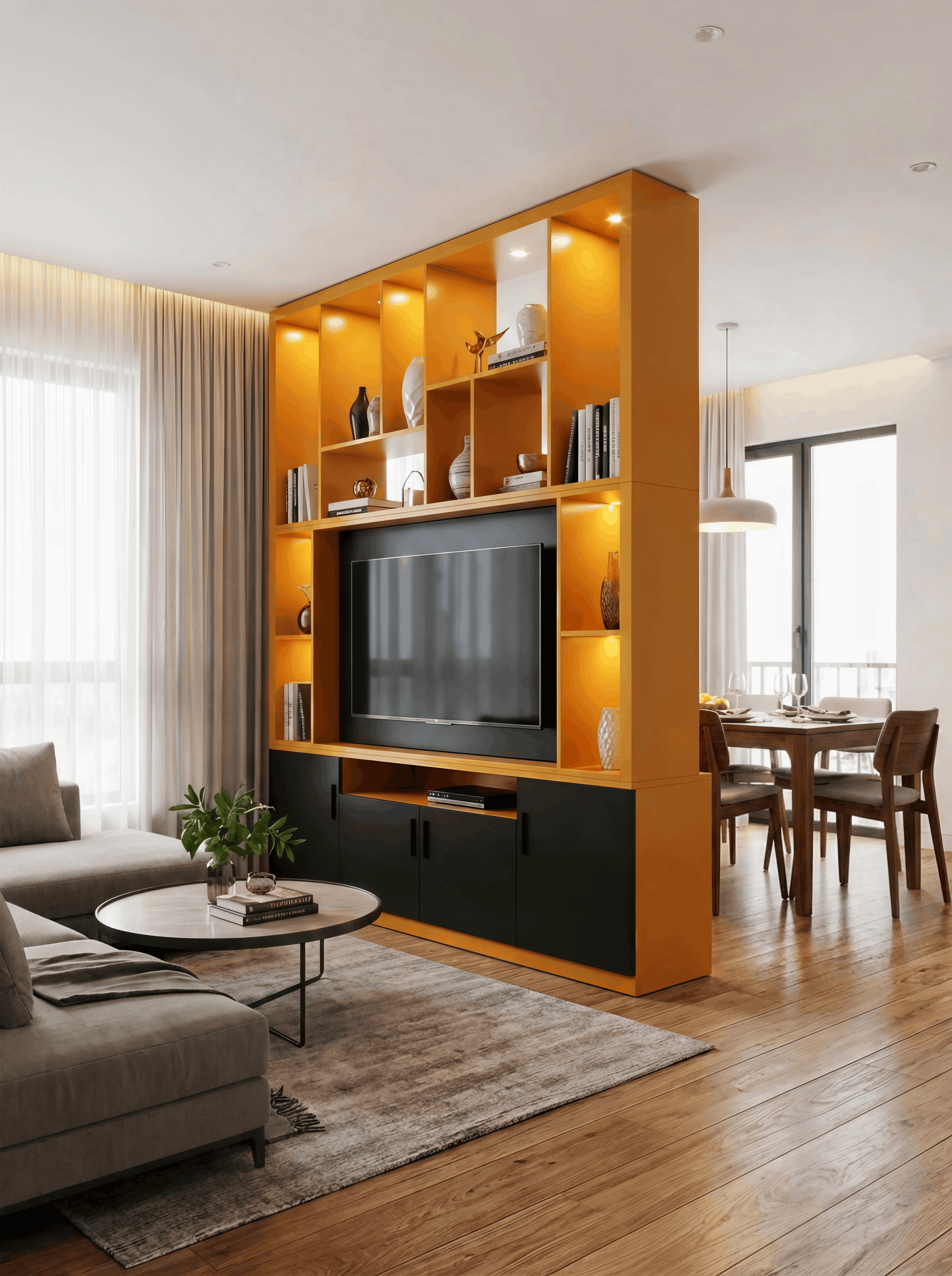 Mustard Yellow & Black Room-Divider TV Unit