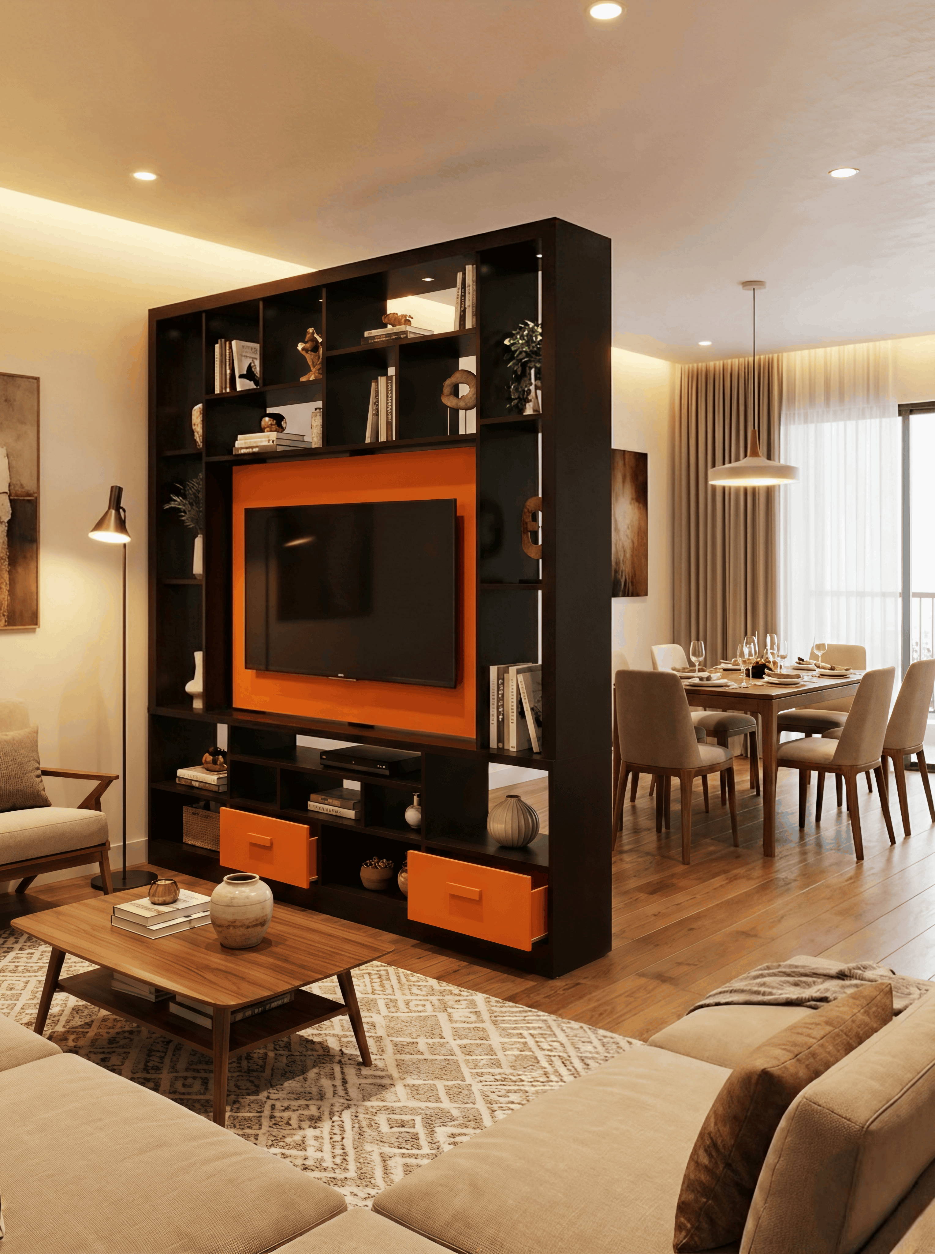 Black & Orange Room-Divider TV Unit with Open Shelving