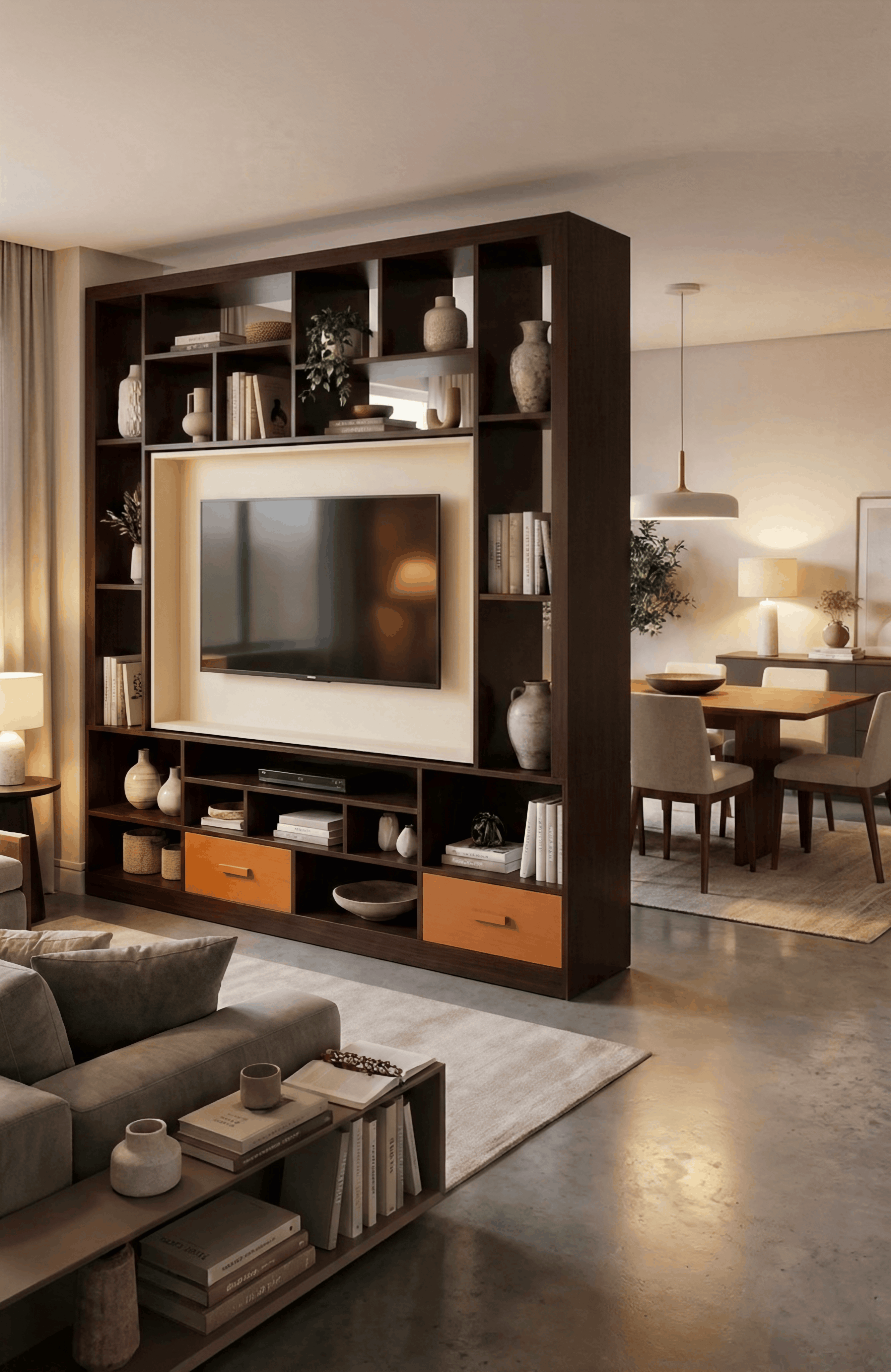 Walnut Room-Divider TV Unit with Cream Niche & Orange Drawers