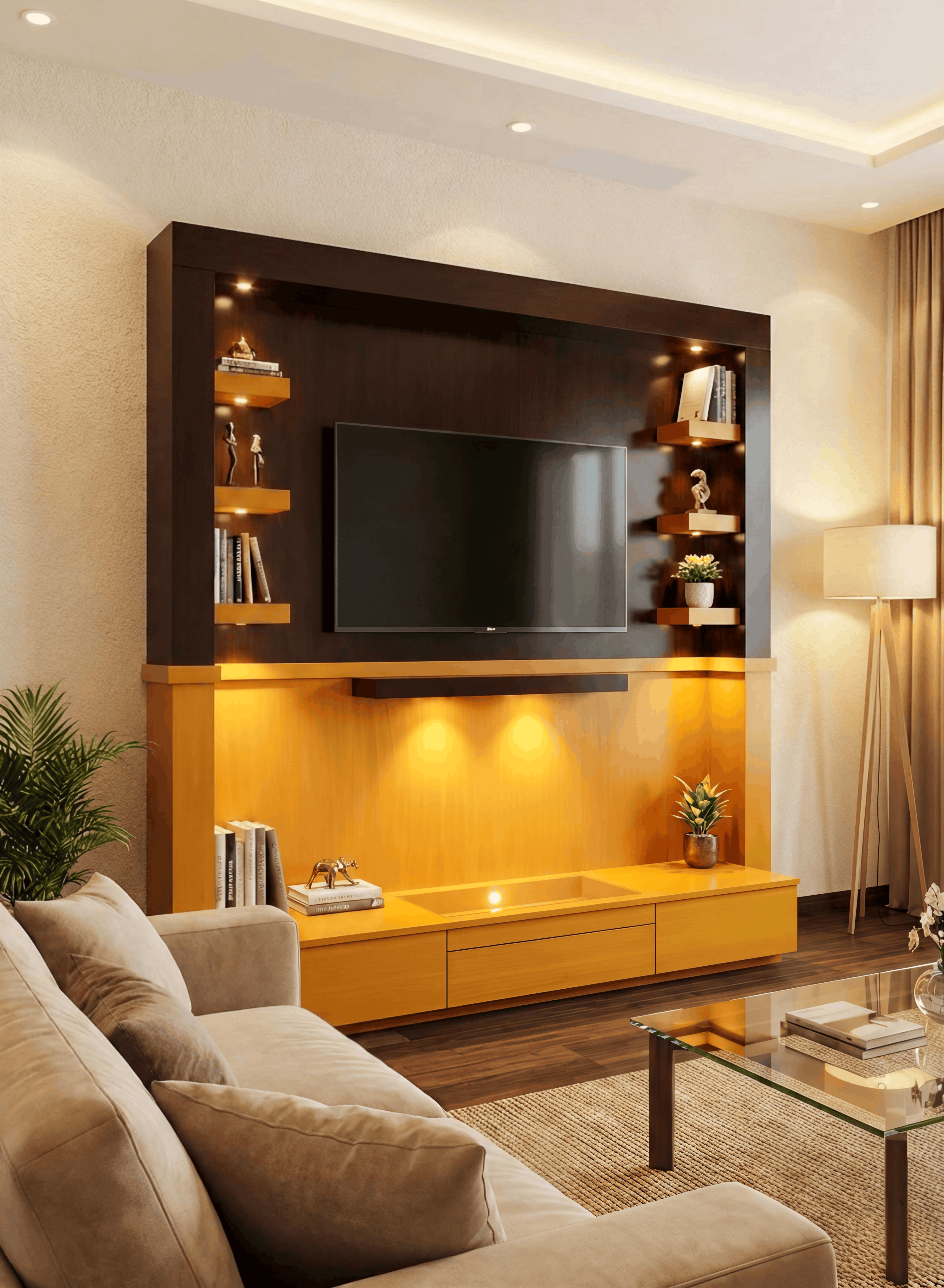Dark Wood TV Unit with Floating Shelves & Mustard Gold Console