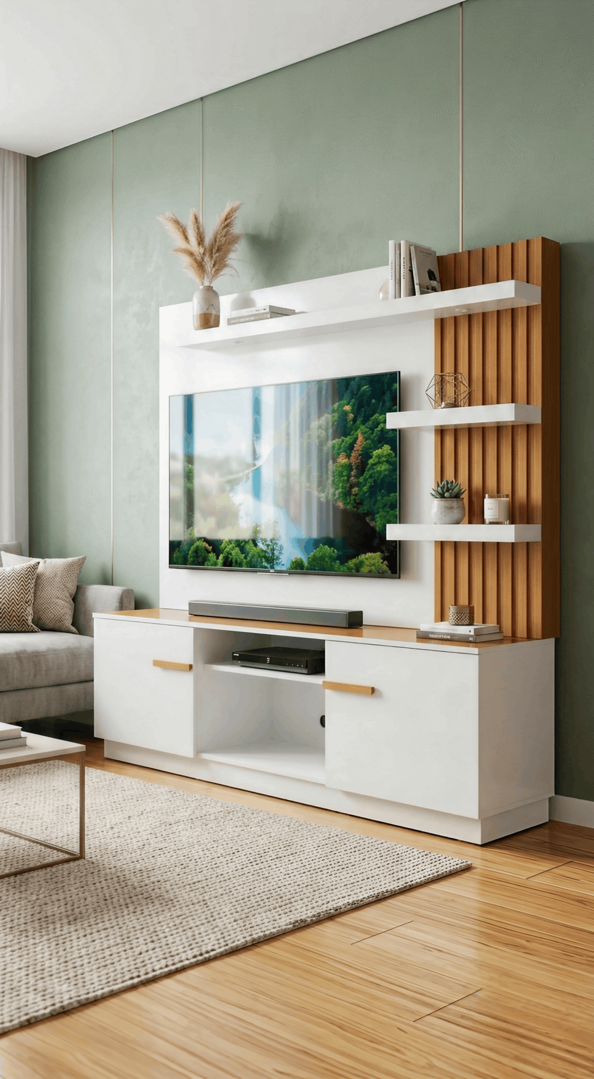 White TV Unit with Fluted Wood Panel & Floating Shelves
