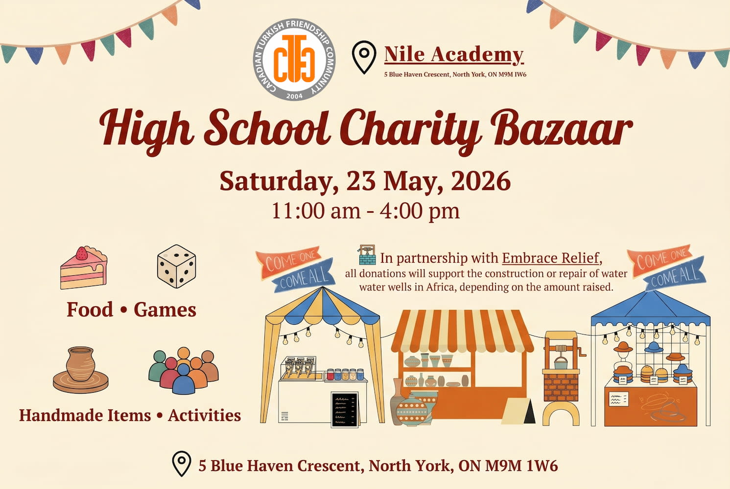 Illustration of a High School Charity Bazaar with colorful stalls, food, and people, organized by Nile Academy.