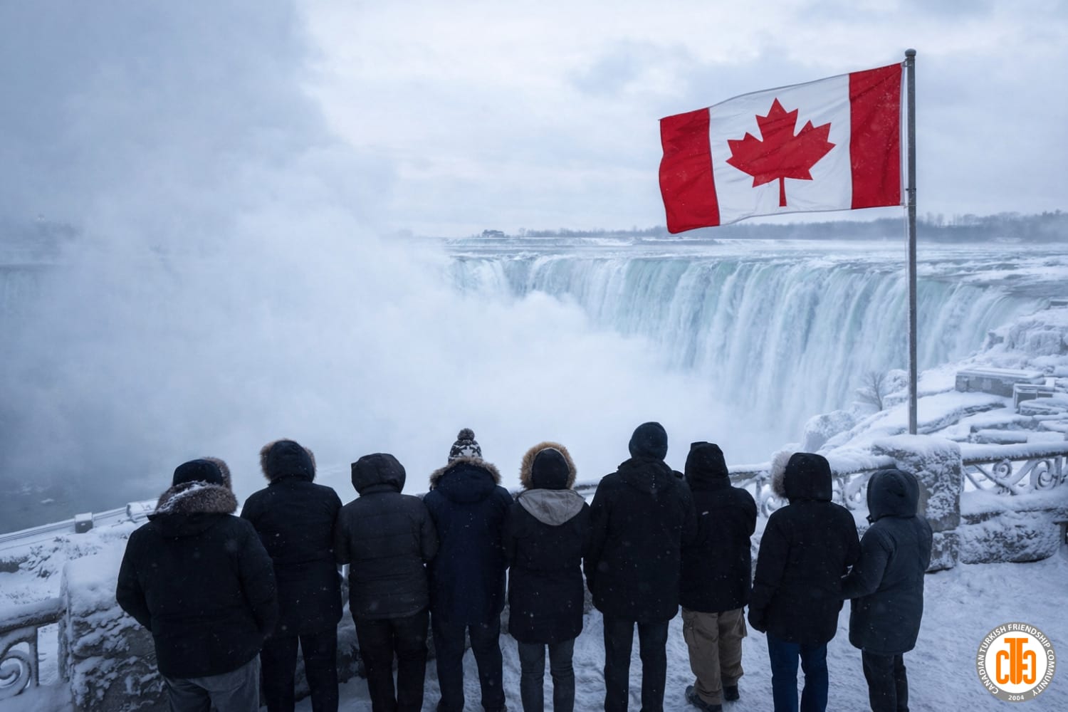 Community members gathering during a winter trip to Niagara Falls.