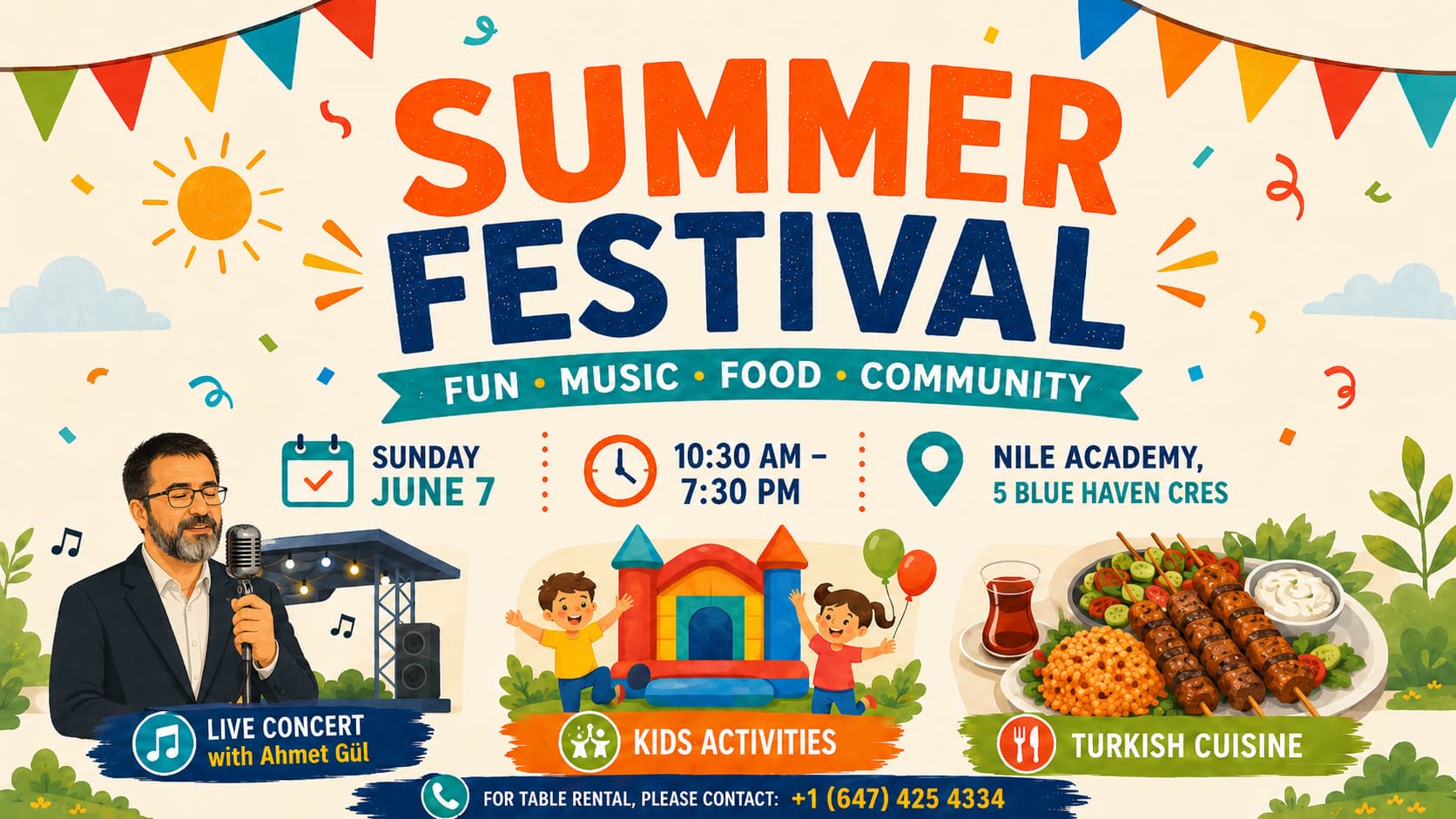 Families and community members enjoying outdoor activities, Turkish cuisine, and live music at a summer festival.