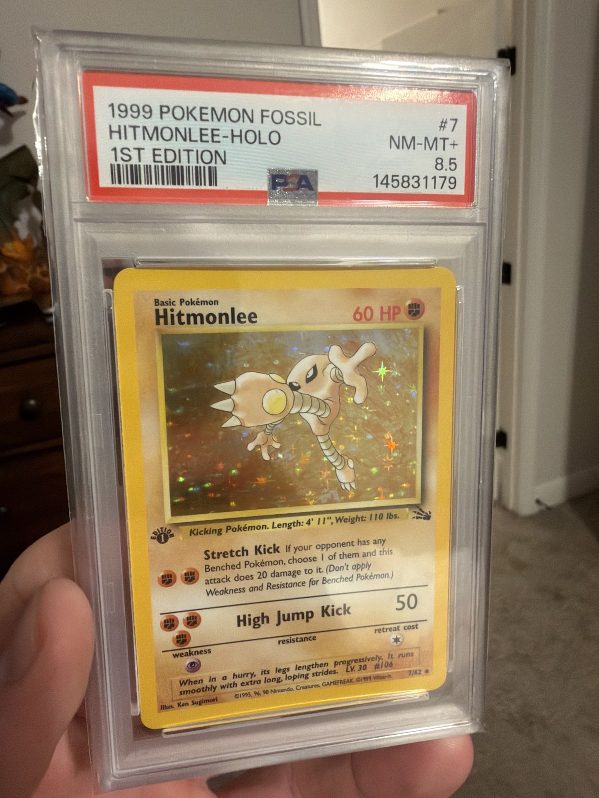 hitmonlee holographic card 1999 Pokemon Fossil Holo #7 PSA 8.5 Graded Cards Fighting Rarity Hitmonlee 7/62 Fossil Holo for