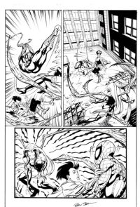 Image for Spider-Woman issue 1 (1999) page 23 ! Spider-Man versus Spider-Woman (Charlotte Witter) Battle page. Featuring Martha ‘Mattie’ Franklin ! Pencils by Bart Sears ! Inks by Randy Elliott & Raymond Kryssing ! Signed by Bart Sears