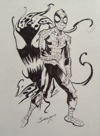 Image for Mark Bagley pencilled & inked Battle-damaged Spider-Man vs Carnage commission ! Signed by Bagley !