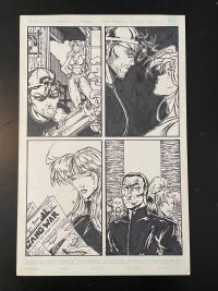 Image for Pineapple Man unpublished page (gang war headline in lower left panel) OA by Sam Campos