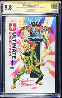 Image for Ultimate Spider-Man #1 | Fourth Printing/Sketch Edition | CGC 9.8 | Signature SeriesCGC Signature Series witnessed the Ron Frenz signing on 6/21/25.CGC Signature Series witnessed the Jose Varese signing on 6/21/25.SIGNED & SKETCH BY RON FRENZ ON 6/21/25 & SIGNED & COLORED BY JOSE VARESE ON 6/21/25Partial blank cover.Jonathan Hickman storyMarco Checchetto art