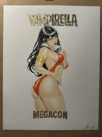 Image for 2026 Megacon Vampirella Armageddon #8 exclusive 1/1 original art. Prisma color pencil and gold foil by Jordan Yamamoto. 11x14 Bristol paper.