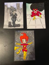 Image for Dark Pheonix, Catwoman, and Spider-Woman pieces by Marlene, 4x7 – mixed media on paper