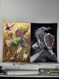 Image for "Sad Boi & Dark Boi" 4.5x6.5 Zelda mixed media foil art card set by Smo-G