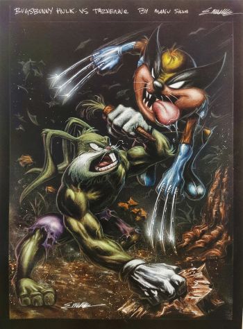 Image of Bugsbunny Hulk vs Tazverine original Art 11x17 Black paper by Manu Silva
