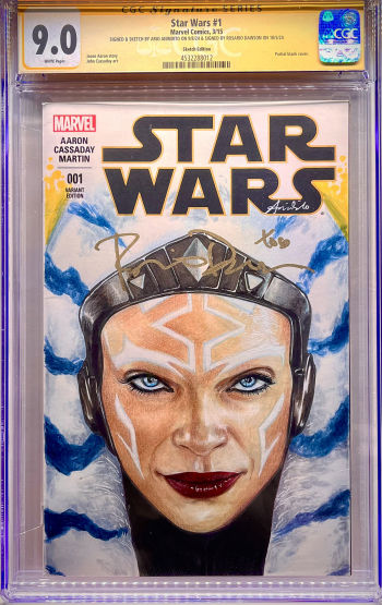 Image of AHSOKA TANO sketch signed by ROSARIO DAWSON & ARIO ANINDITO CGC 9.0