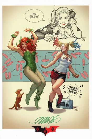 Image of Harley Quinn and Poison Ivy Art Print with original drawing.