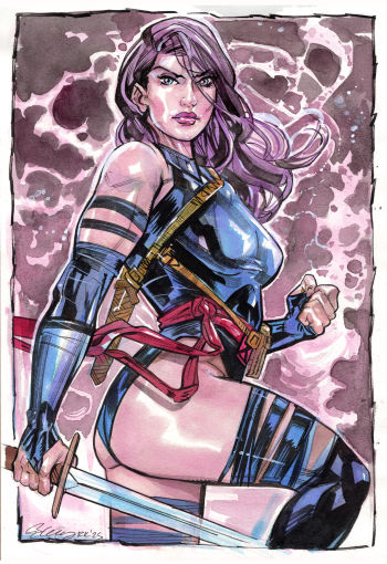 Image of Psylocke from The X-Men by artist Ryan Kelly Original 7X10 inches color sketch