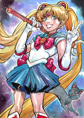 Image of Sailor Moon Color Pin-up sketch 9x12 inch ink and watercolor by Ryan Kelly