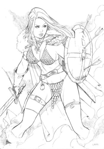 Image of Red Sonja with shield by Laerte