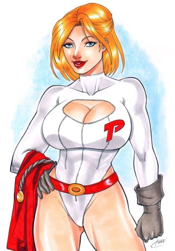 Image of Power Girl standing & holding her cape by Carla Torres