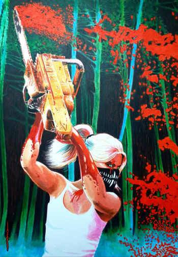 Image of Erica Slaughter with chainsaw