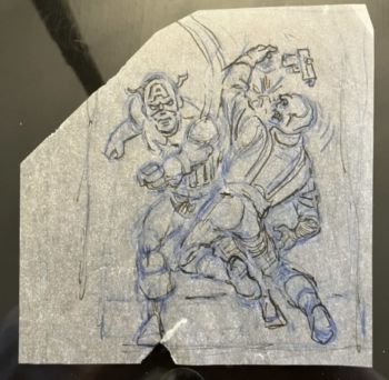 Image of Jim Mooney vellum paper prelim of Captain America versus Red Skull (5x5 inch)