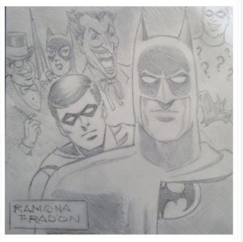 Image of Ramona Fradon pencilled sketch of Batman and Robin, along with Villains Rogues Gallery (Joker, Penguin, Catwoman & Riddler)!