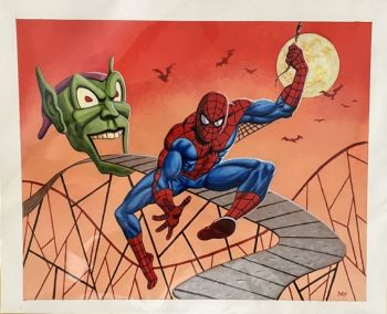 Image of David Day Halloween-theme Painted Spider-Man Commission (featuring Green Goblin)! 8x10 inch acrylic water-based paint ! Cover Quality!