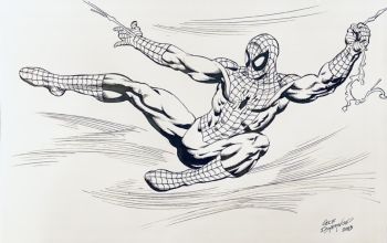 Image of 11x17 inks-only board (over separate Isherwood pencils-only board) Spider-Man commission, drawn by Geof Isherwood ! Cover-quality beauty!