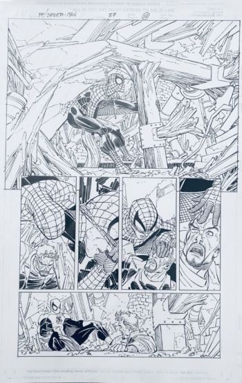 Image of Beautiful Half-Splash Page ! Spider-Man issue 87 page 10 . Pencils by John Romita Jr. ! Inks by Scott Hanna! Spider-man in every panel ! Signed by Scott Hanna on back !