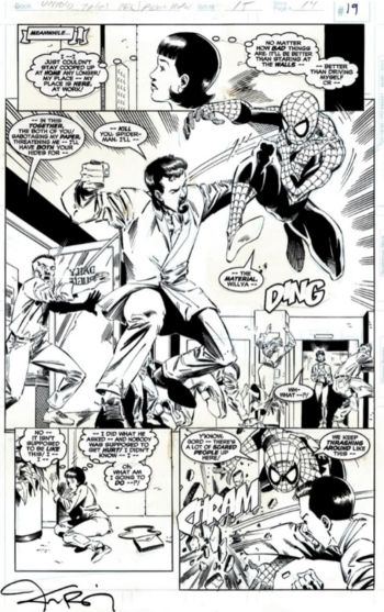 Image of Untold Tales of Spider-man issue 15 page 19 . Splash page of Spider-man vs Gordon Savinski ! Pencils by Pat Olliffe & Inks by Al Vey !