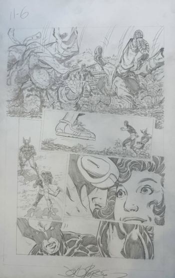 Image of Published Art Available For Trade/Make an OFFER $$ Elsewhen issue 11 page 6. Art measures 12x19 inches ! Pencilled & signed by John Byrne ! Features Cyclops, Jean Grey & Wolverine (brown costume)!