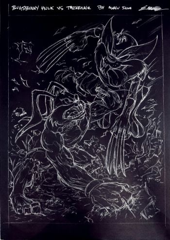 Image of Looney tunes Bugsbunny Hulk vs Tazverine by Manu Silva on Black paper