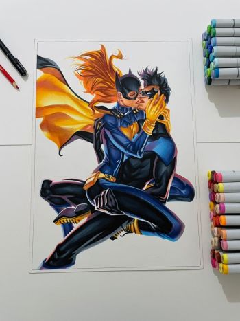 Image of Batgirl and Robin original 11x17” hand colored ORIGINAL art by famous artist Thony Silas - STARTING $1