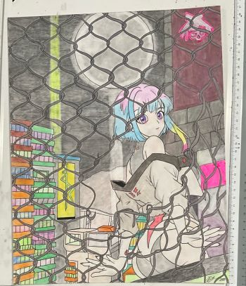 Image of Lucy from cyberpunk edgerunners waiting for the moon transport