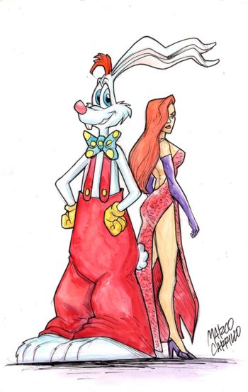 Image of Roger Rabbit and Jessica Rabitt watercolor illustration
