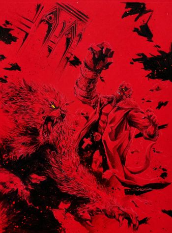 Image of Hellboy vs Wolf of saint august 11x17 original Art red paper by Manu Silva