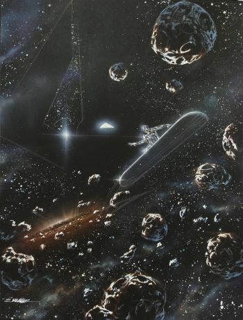Image of Galactus and silver Surfer on Black paper by Manu Silva