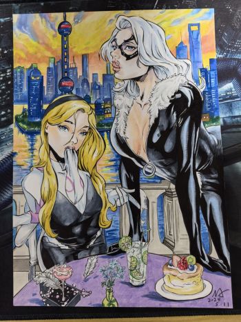 Image of Spider-Gwen and Black Cat Cityscape Original sketch art by Pony Ma