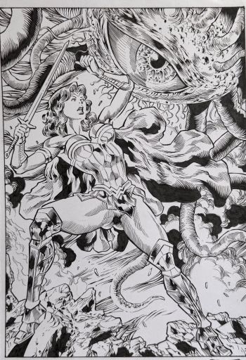 Image of Wonder Woman Battles Monster Original ink pin up Art Loerzer