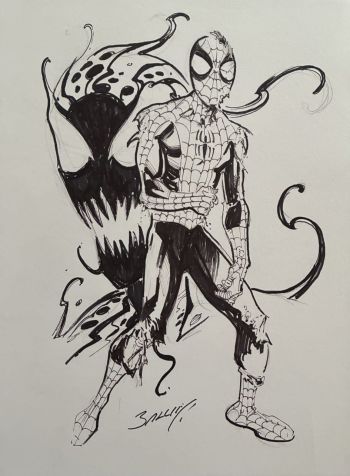 Image of Mark Bagley pencilled & inked Battle-damaged Spider-Man vs Carnage commission ! Signed by Bagley !