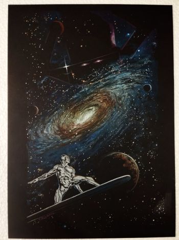 Image of Galactus and Silver Surfer, art size ('11x17') made 100% colored pencil on 180 gsm Canson colored paper. art by Edi Santos