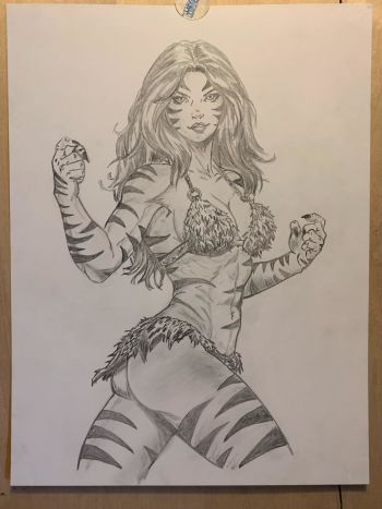 Image of Tigra 9x12 Original Pencil Art with Color Print